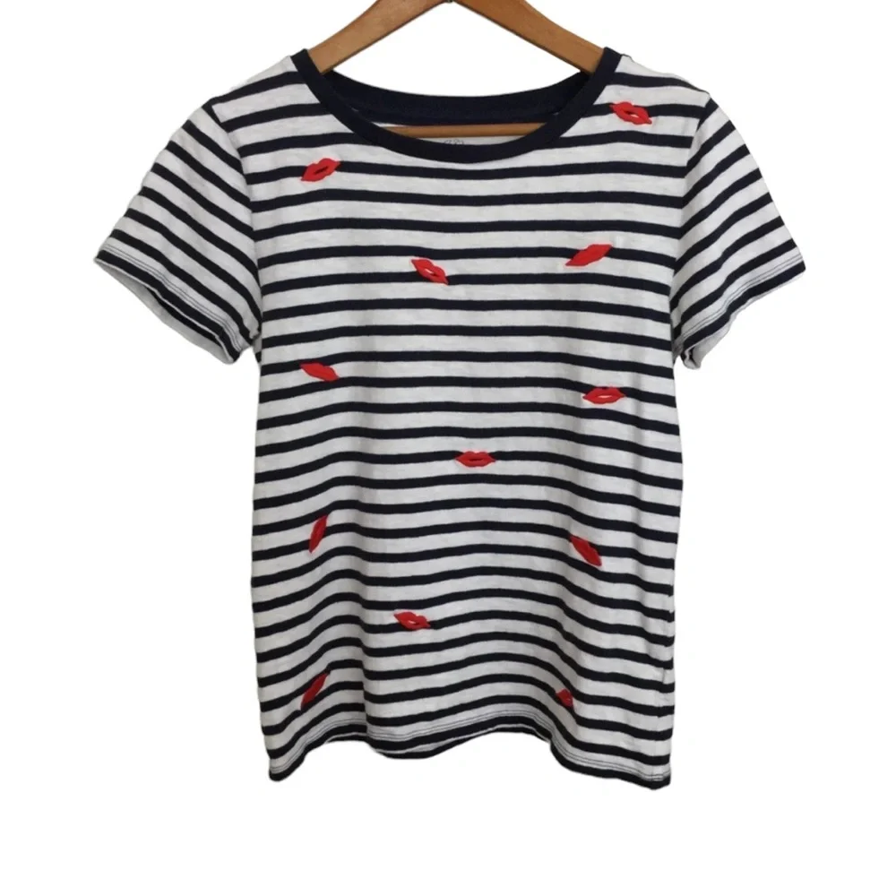 J. CREW Women’s sz Small T Shirt Striped Red Lips Short Sleeve Top Cute Blue Red